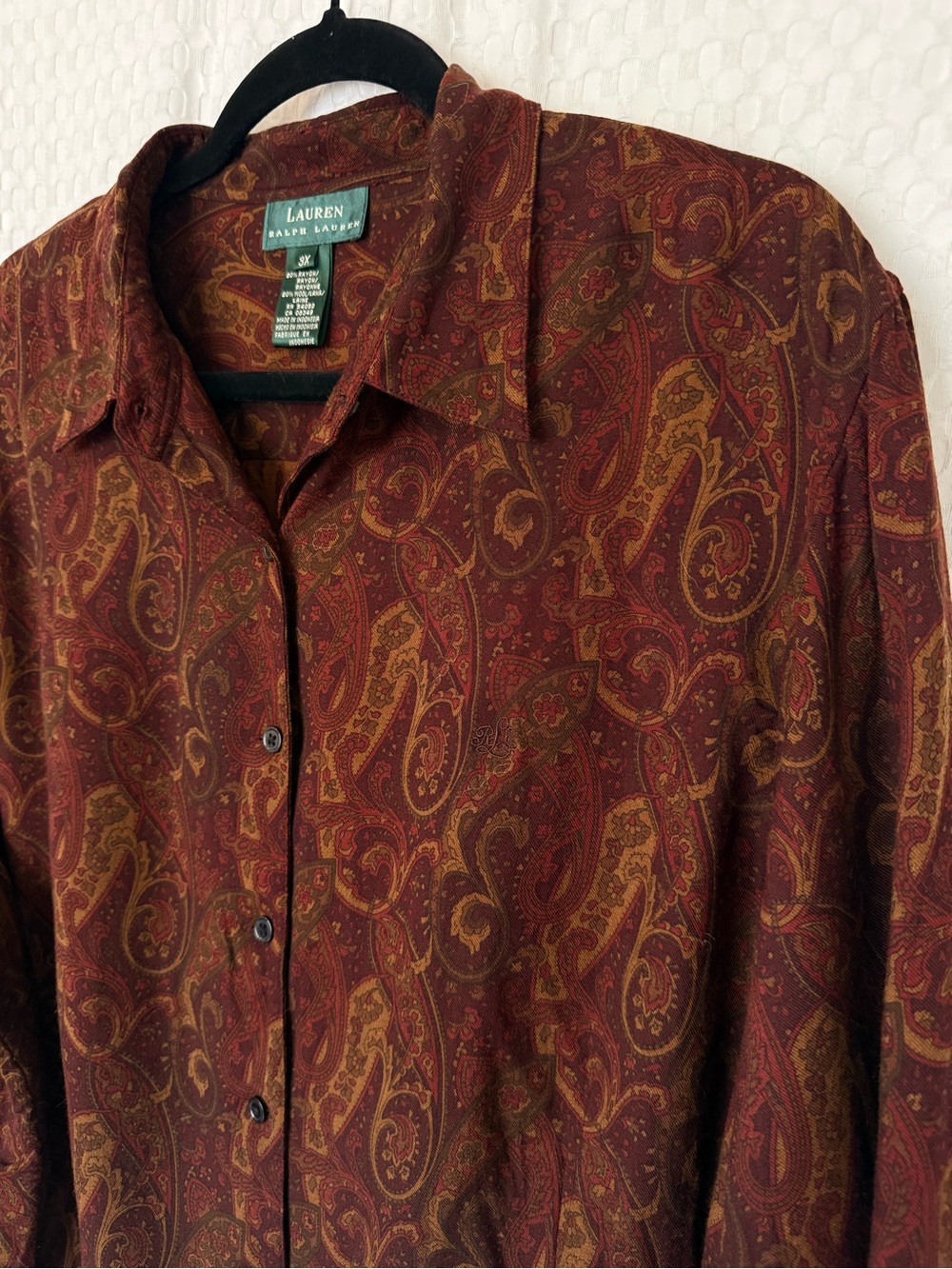 Lauren Ralph Lauren 3X Brown Paisley Rayon Wool Button Down Blouse - Picture 4 of 7